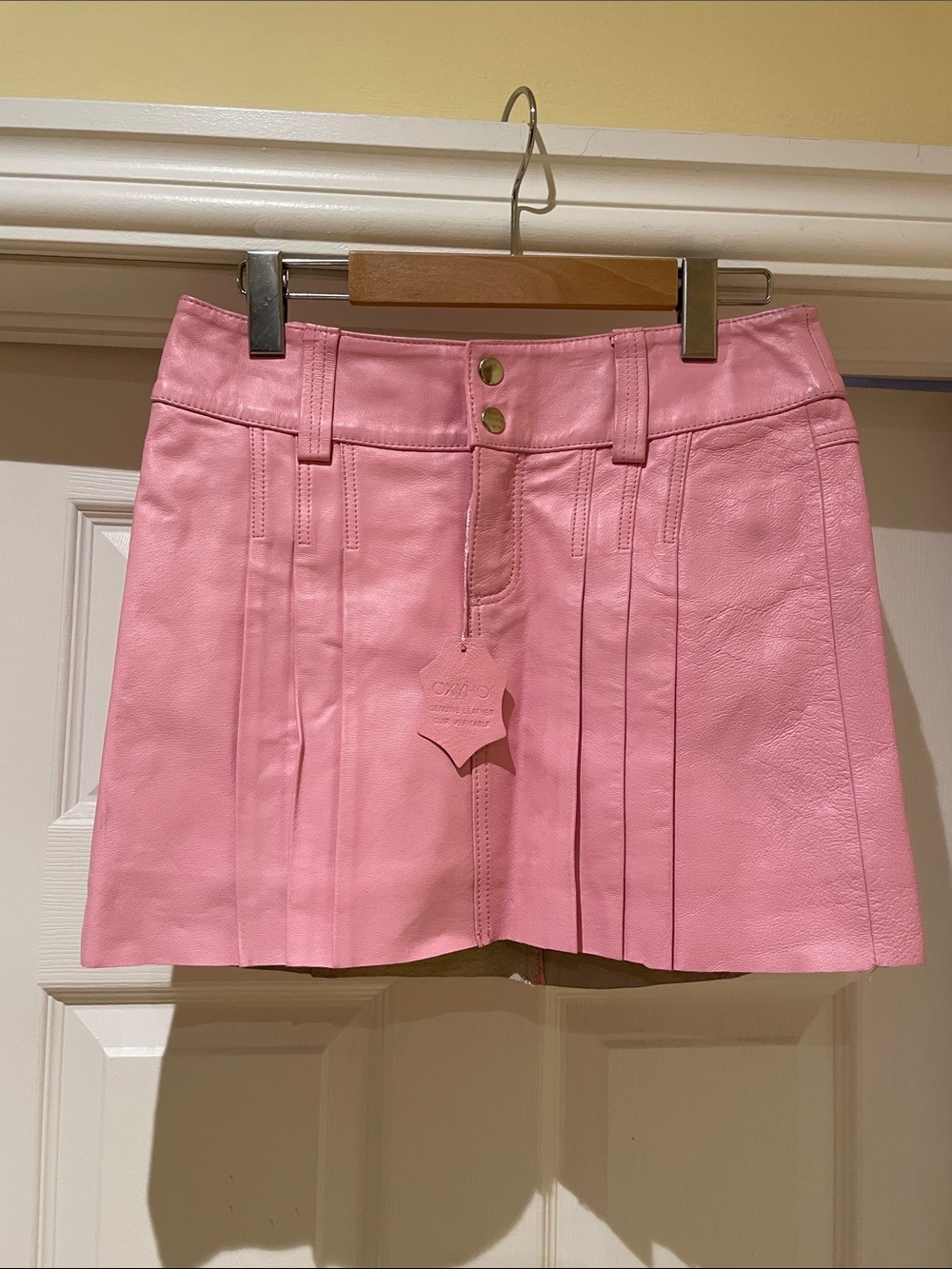 Oxyho Bublegum Pink Genuine Leather Mini Skirt with Panel Detailing Y2K Barbie